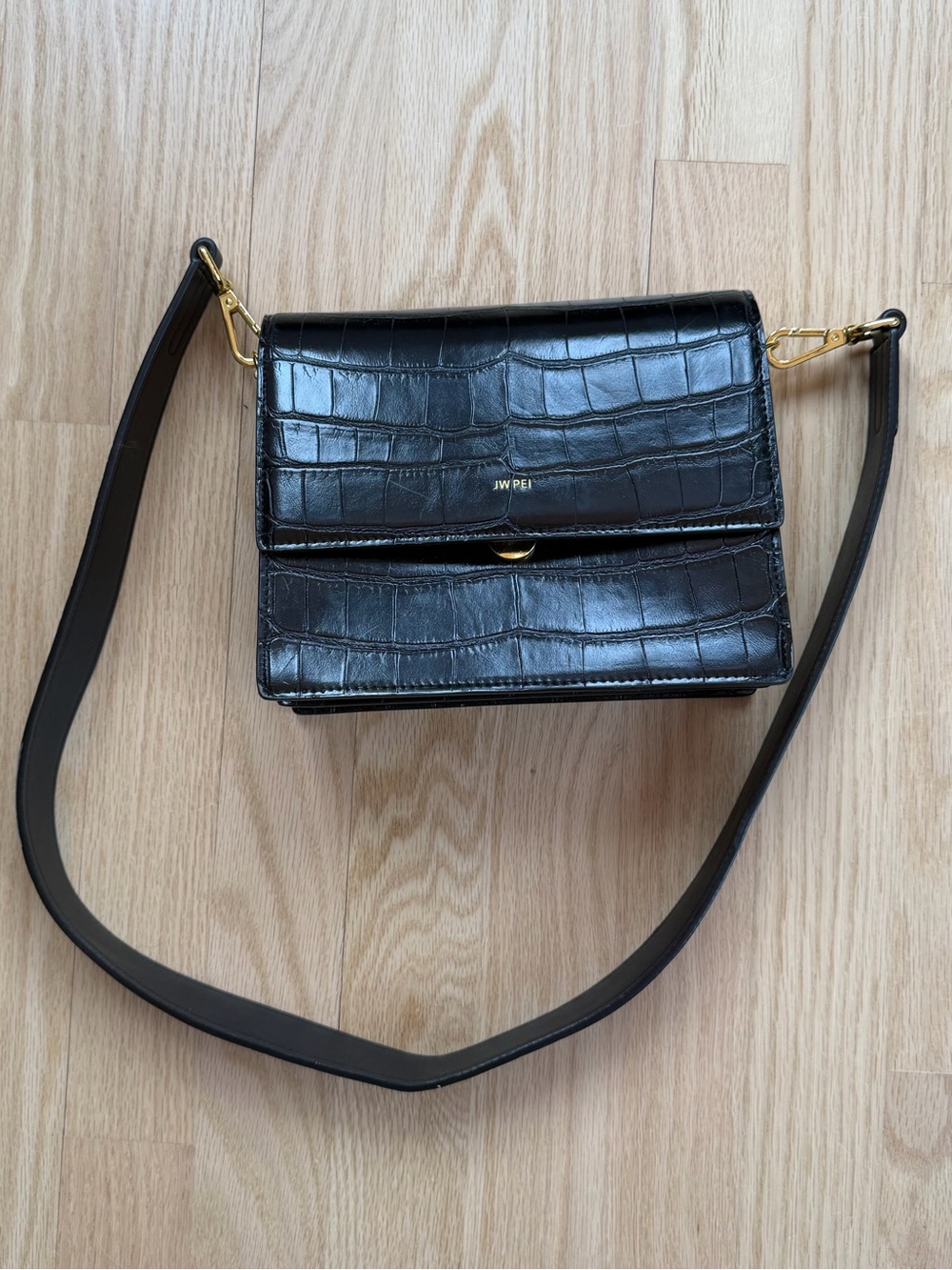 JW PEI Black Croc-Embossed Messenger Crossbody